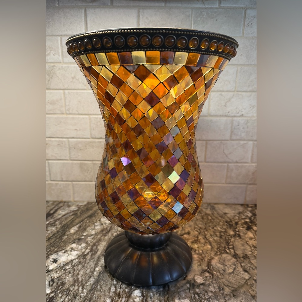 Decorative Mosaic Glass Hurricane Vase - Amber 12 inches tall